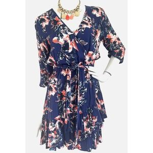 Splendid Floral Wrap Dress Size Small Blue Puff 3/4 Sleeve Belt Tiered Skirt